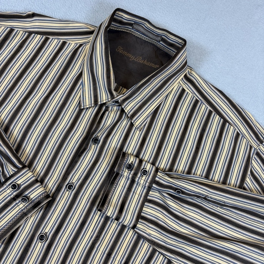 Tommy Bahama 100% Silk Shirt Mens XXL Tan Brown Striped Long Sleeve Button Up